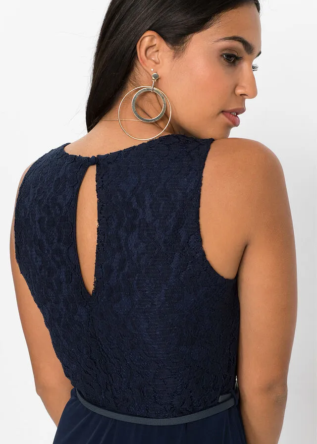 Vestido largo de noche con cinturón (conjunto de 2 unidades) Azul marino
